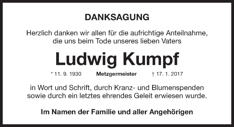  Traueranzeige für Ludwig Kumpf vom 28.01.2017 aus Gesamtausgabe Nürnberger Nachrichten/ Nürnberger Ztg.