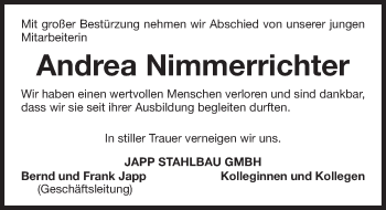 Traueranzeige von Andrea Nimmerrichter von Nordbayerische Nachrichten Forchheim Lokal