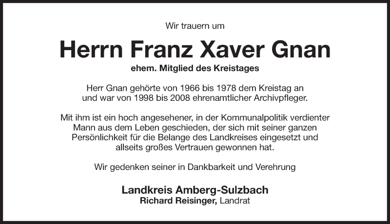  Traueranzeige für Franz Xaver Gnan vom 05.01.2017 aus Nordbayerische Nachrichten Pegnitz Lokal