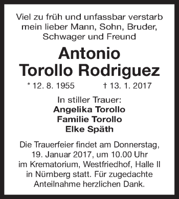 Traueranzeige von Antonio Torollo Rodriguez von Gesamtausgabe Nürnberger Nachrichten/ Nürnberger Ztg.
