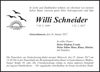 Traueranzeige von Willi Schneider von Altmühl-Bote Lokal