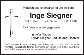 Traueranzeige von Inge Siegner von Gesamtausgabe Nürnberger Nachrichten/ Nürnberger Ztg.