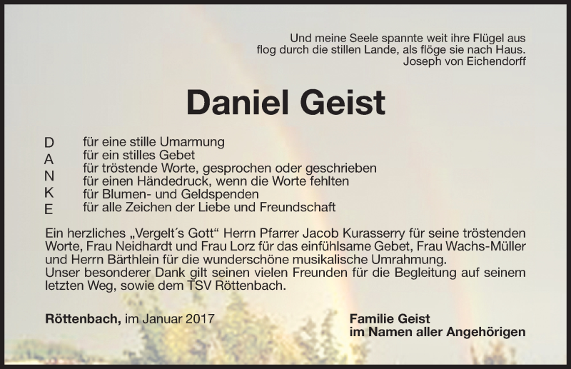  Traueranzeige für Daniel Geist vom 06.01.2017 aus Nordbayerische Nachrichten Herzogenaurach Lokal