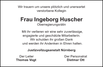 Traueranzeige von Ingeborg Huscher von Gesamtausgabe Nürnberger Nachrichten/ Nürnberger Ztg.