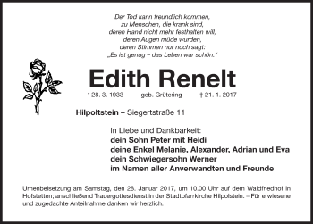 Traueranzeige von Edith Renelt von Roth-Hilpoltsteiner Volkszeitung Lokal