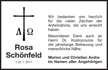 Traueranzeige von Rosa Schönfeld von Fürther Nachrichten Lokal
