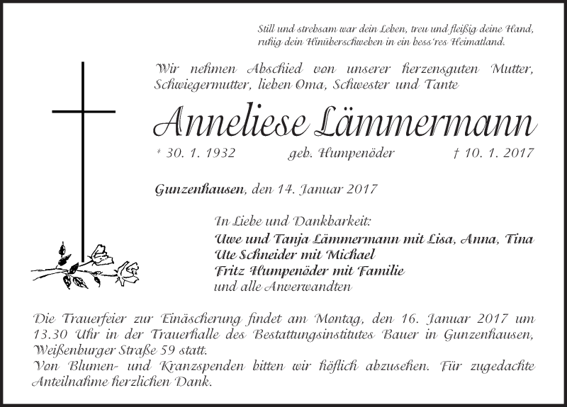  Traueranzeige für Anneliese Lämmermann vom 14.01.2017 aus Altmühl-Bote Lokal