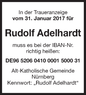 Traueranzeige von Rudolf Adelhardt von Gesamtausgabe Nürnberger Nachrichten/ Nürnberger Ztg.