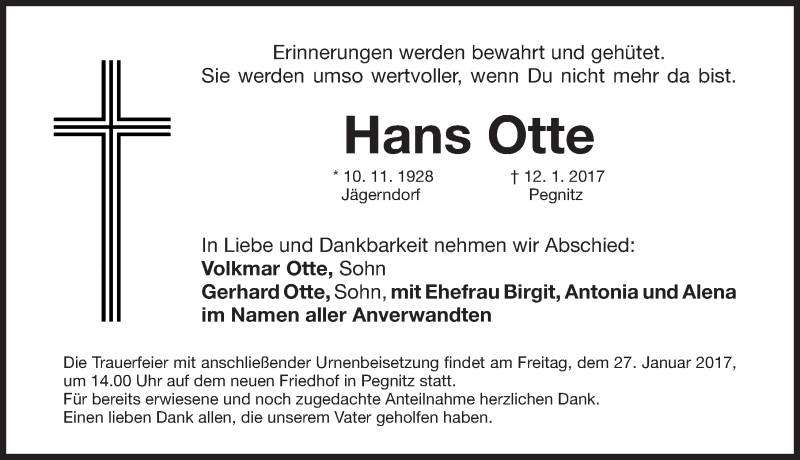  Traueranzeige für Hans Otte vom 25.01.2017 aus Nordbayerische Nachrichten Pegnitz Lokal