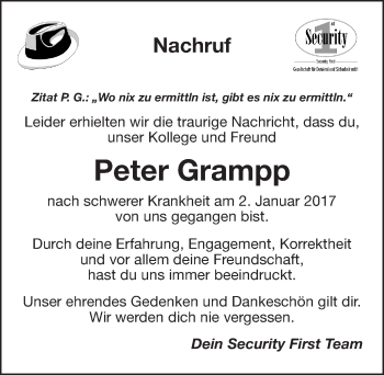 Traueranzeige von Peter Grampp von Gesamtausgabe Nürnberger Nachrichten/ Nürnberger Ztg.