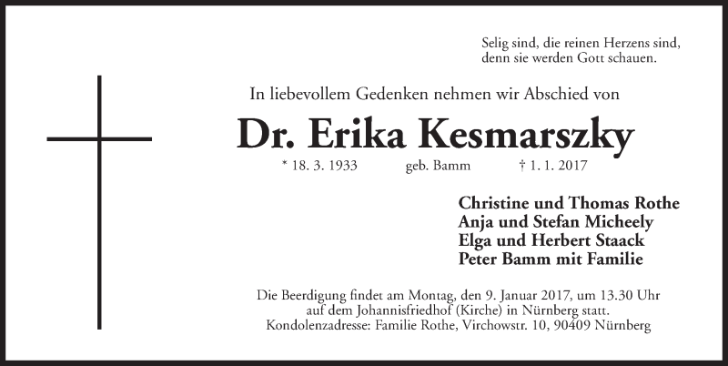  Traueranzeige für Erika Kesmarszky vom 04.01.2017 aus Gesamtausgabe Nürnberger Nachrichten/ Nürnberger Ztg.