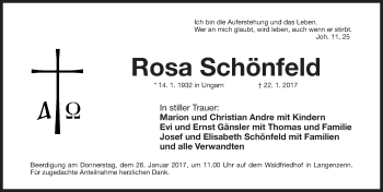 Traueranzeige von Rosa Schönfeld von Fürther Nachrichten Lokal