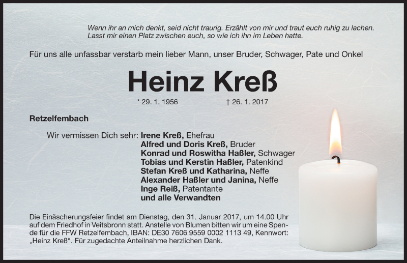  Traueranzeige für Heinz Kreß vom 28.01.2017 aus Fürther Nachrichten Lokal