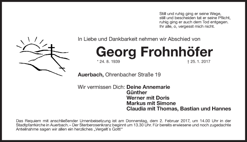  Traueranzeige für Georg Frohnhöfer vom 28.01.2017 aus Nordbayerische Nachrichten Pegnitz Lokal