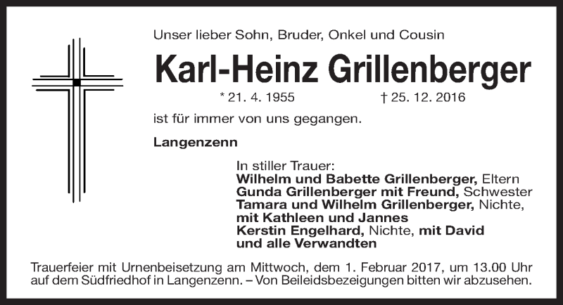  Traueranzeige für Karl-Heinz Grillenberger vom 31.01.2017 aus Fürther Nachrichten Lokal