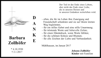 Traueranzeige von Barbara Zollhöfer von Neumarkter Nachrichten Lokal