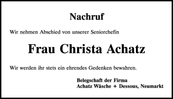 Traueranzeige von Christa Achatz von Neumarkter Nachrichten Lokal