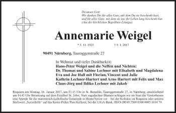 Traueranzeige von Annemarie Weigel von Gesamtausgabe Nürnberger Nachrichten/ Nürnberger Ztg.