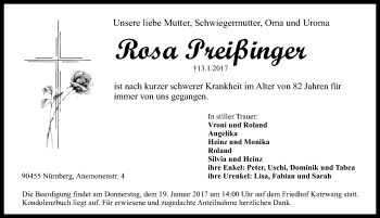 Traueranzeige von Rosa Preißinger von Schwabach