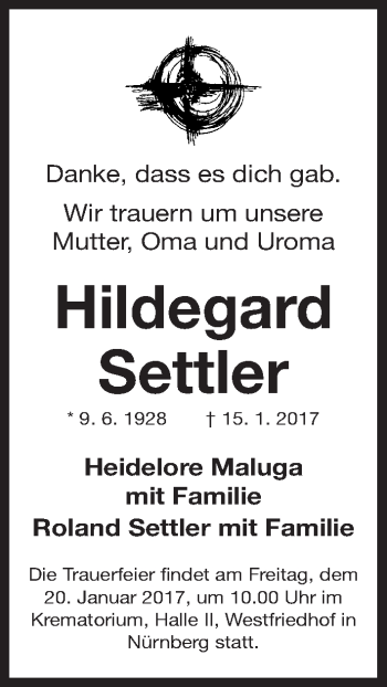 Traueranzeige von Hildegard Settler von Gesamtausgabe Nürnberger Nachrichten/ Nürnberger Ztg.