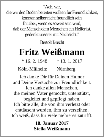 Traueranzeige von Fritz Weißmann von Gesamtausgabe Nürnberger Nachrichten/ Nürnberger Ztg.