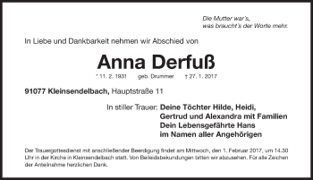 Traueranzeige von Anna Derfuß von Nordbayerische Nachrichten Forchheim Lokal