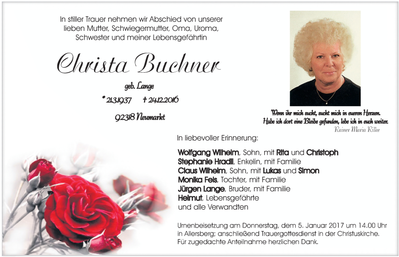 Traueranzeigen Von Christa Buchner Trauernnde 