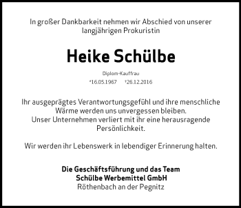 Traueranzeige von Heike Schülbe von Gesamtausgabe Nürnberger Nachrichten/ Nürnberger Ztg.