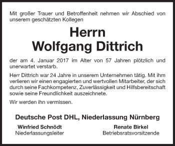 Traueranzeige von Wolfgang Dittrich von Gesamtausgabe Nürnberger Nachrichten/ Nürnberger Ztg.