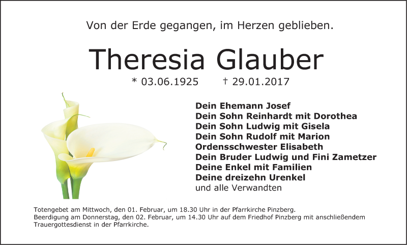  Traueranzeige für Theresia Glauber vom 01.02.2017 aus Nordbayerische Nachrichten Forchheim Lokal