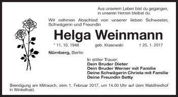 Traueranzeige von Helga Weinmann von Gesamtausgabe Nürnberger Nachrichten/ Nürnberger Ztg.