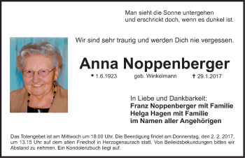 Traueranzeige von Anna Noppenberger von Nordbayerische Nachrichten Herzogenaurach Lokal