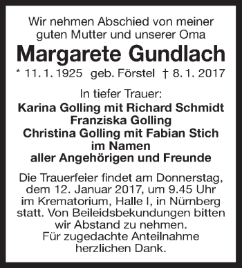 Traueranzeige von Margarete Gundlach von Gesamtausgabe Nürnberger Nachrichten/ Nürnberger Ztg.