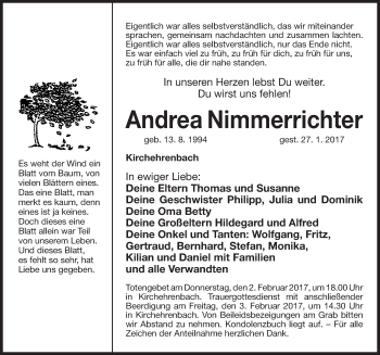 Traueranzeige von Andrea Nimmerrichter von Nordbayerische Nachrichten Forchheim Lokal