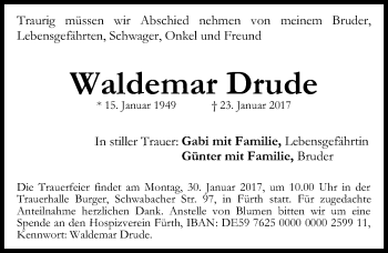 Traueranzeige von Waldemar Drude von Fürther Nachrichten Lokal