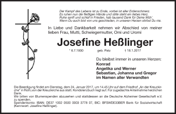 Traueranzeige von Josefine Heßlinger von Roth-Hilpoltsteiner Volkszeitung Lokal