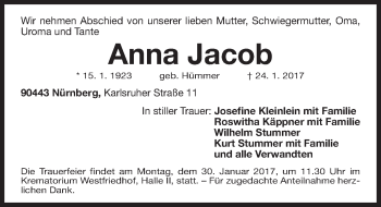 Traueranzeige von Anna Jacob von Gesamtausgabe Nürnberger Nachrichten/ Nürnberger Ztg.
