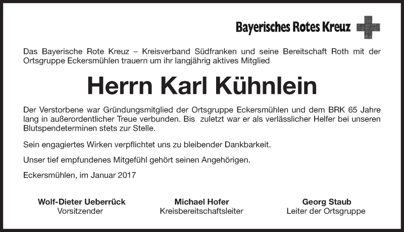  Traueranzeige für Karl Kühnlein vom 27.01.2017 aus Roth-Hilpoltsteiner Volkszeitung Lokal