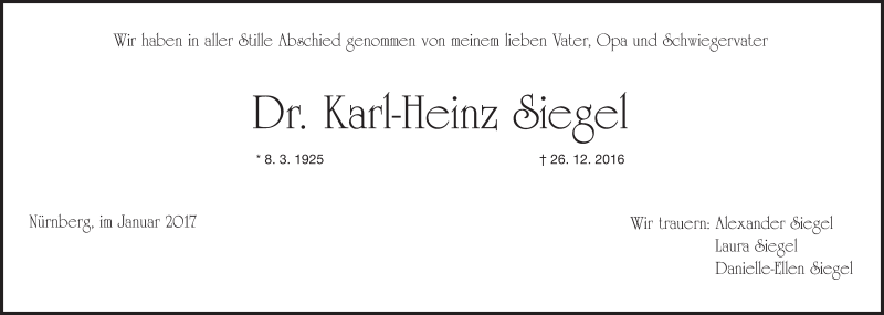  Traueranzeige für Karl-Heinz Siegel vom 04.01.2017 aus Gesamtausgabe Nürnberger Nachrichten/ Nürnberger Ztg.