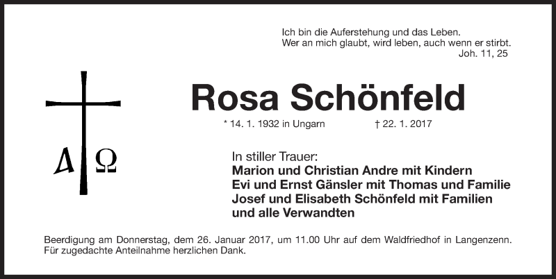  Traueranzeige für Rosa Schönfeld vom 24.01.2017 aus Fürther Nachrichten Lokal