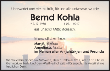 Traueranzeige von Bernd Kohla von Gesamtausgabe Nürnberger Nachrichten/ Nürnberger Ztg.