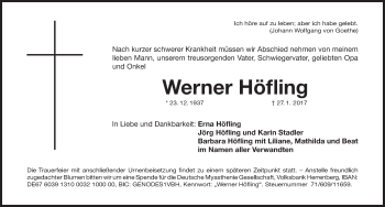 Traueranzeige von Werner Höfling von Gesamtausgabe Nürnberger Nachrichten/ Nürnberger Ztg.