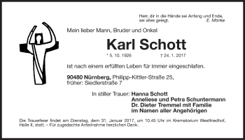 Traueranzeige von Karl Schott von Gesamtausgabe Nürnberger Nachrichten/ Nürnberger Ztg.
