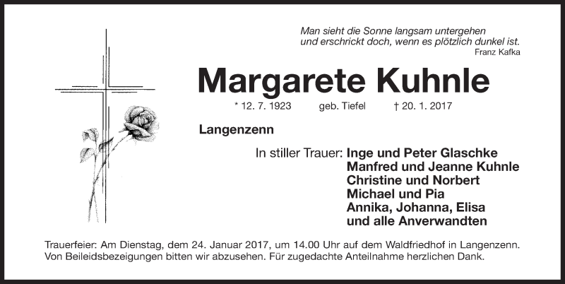 Traueranzeige für Margarete Kuhnle vom 23.01.2017 aus Fürther Nachrichten Lokal