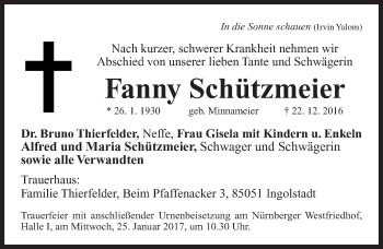 Traueranzeige von Fanny Schützmeier von Gesamtausgabe Nürnberger Nachrichten/ Nürnberger Ztg.