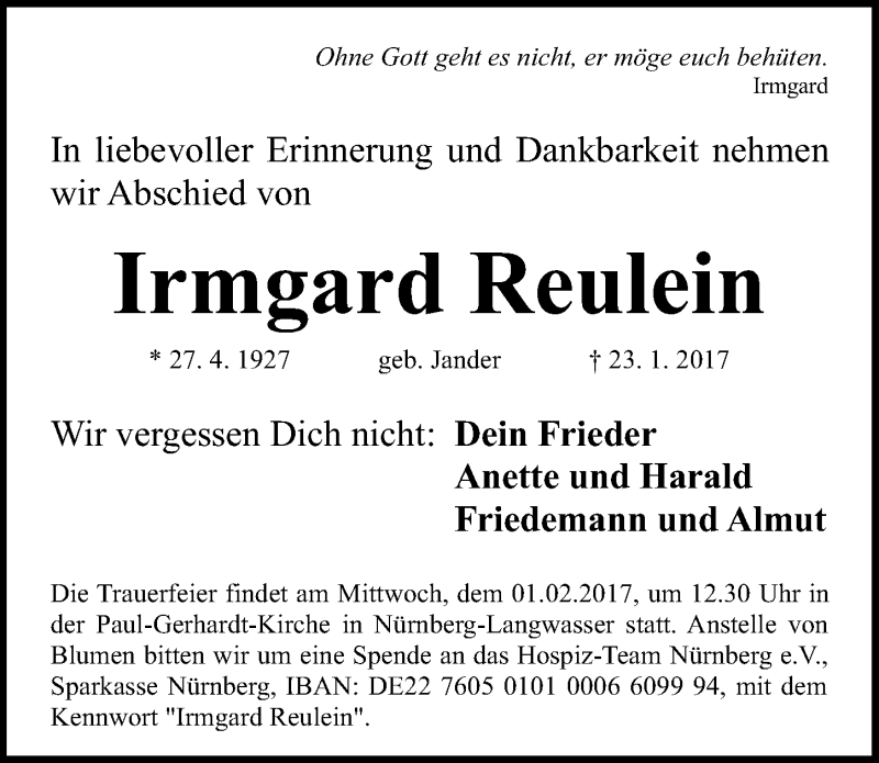  Traueranzeige für Irmgard Reulein vom 28.01.2017 aus Gesamtausgabe Nürnberger Nachrichten/ Nürnberger Ztg.