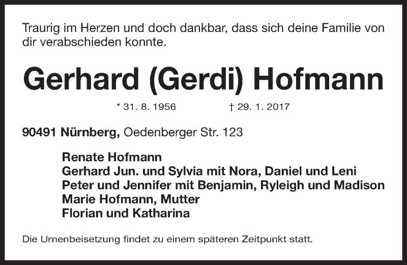  Traueranzeige für Gerhard Hofmann vom 31.01.2017 aus Gesamtausgabe Nürnberger Nachrichten/ Nürnberger Ztg.