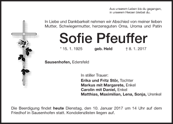 Traueranzeige von Sofie Pfeuffer von Altmühl-Bote Lokal