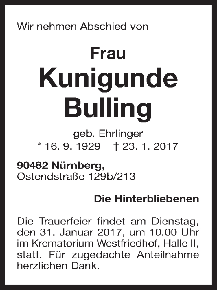  Traueranzeige für Kunigunde Bulling vom 28.01.2017 aus Gesamtausgabe Nürnberger Nachrichten/ Nürnberger Ztg.