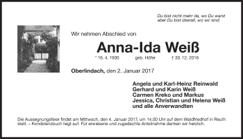 Traueranzeige von Anna-Ida Weiß von Nordbayerische Nachrichten Herzogenaurach Lokal